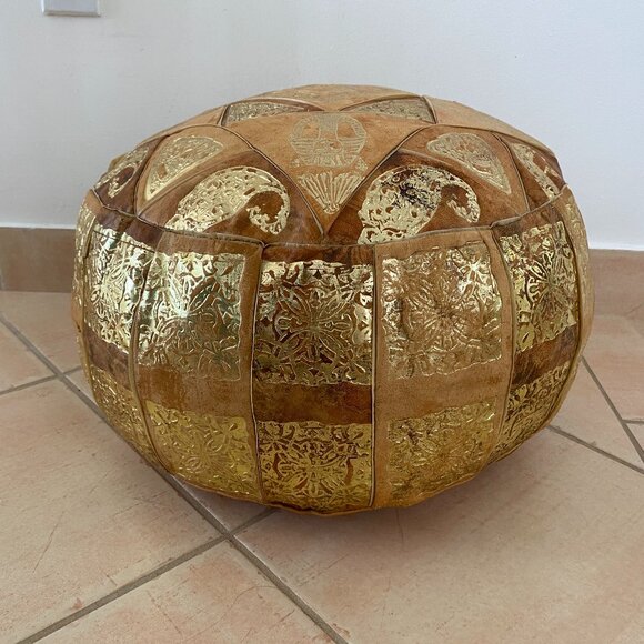 Round Leather Pouf Ottoman with Egyptian Accents - Picture 1 of 8